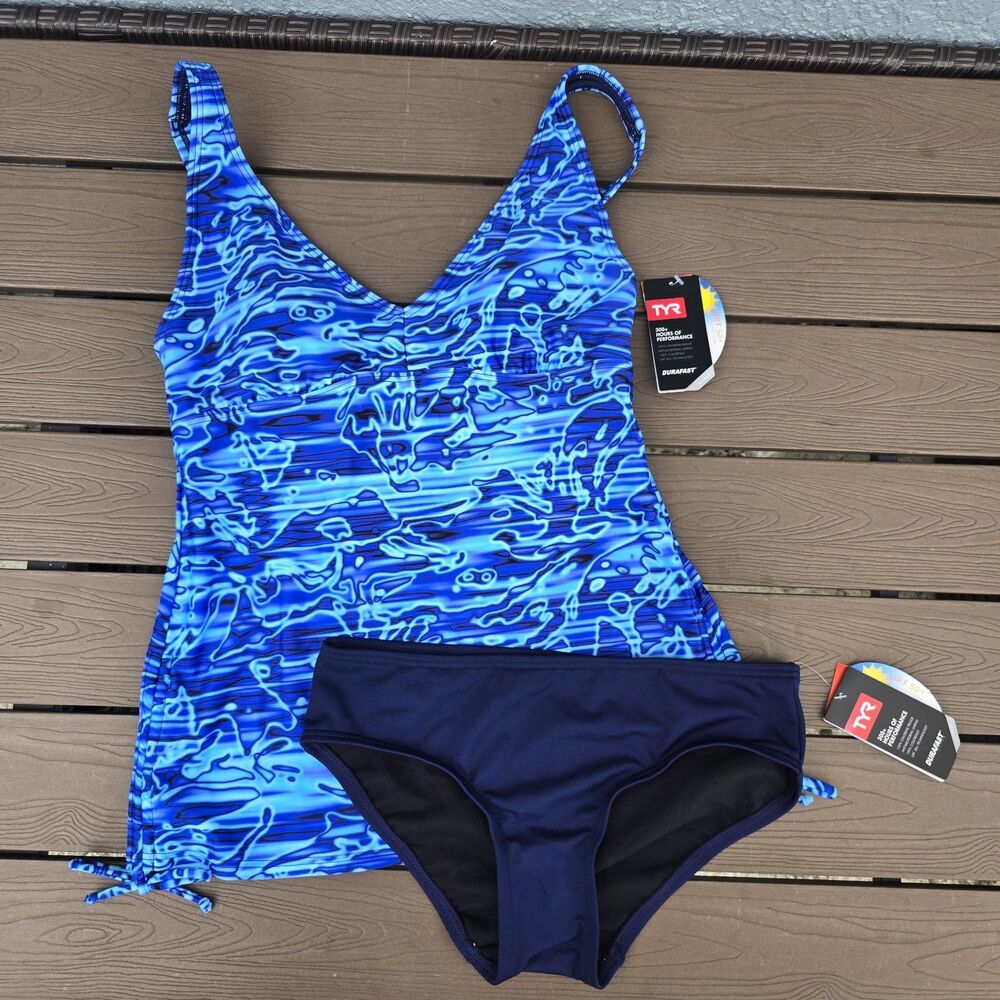 TYR Women's Blue Lucid V-neck Tankini Top & Navy Midrise Bikini SZ M New